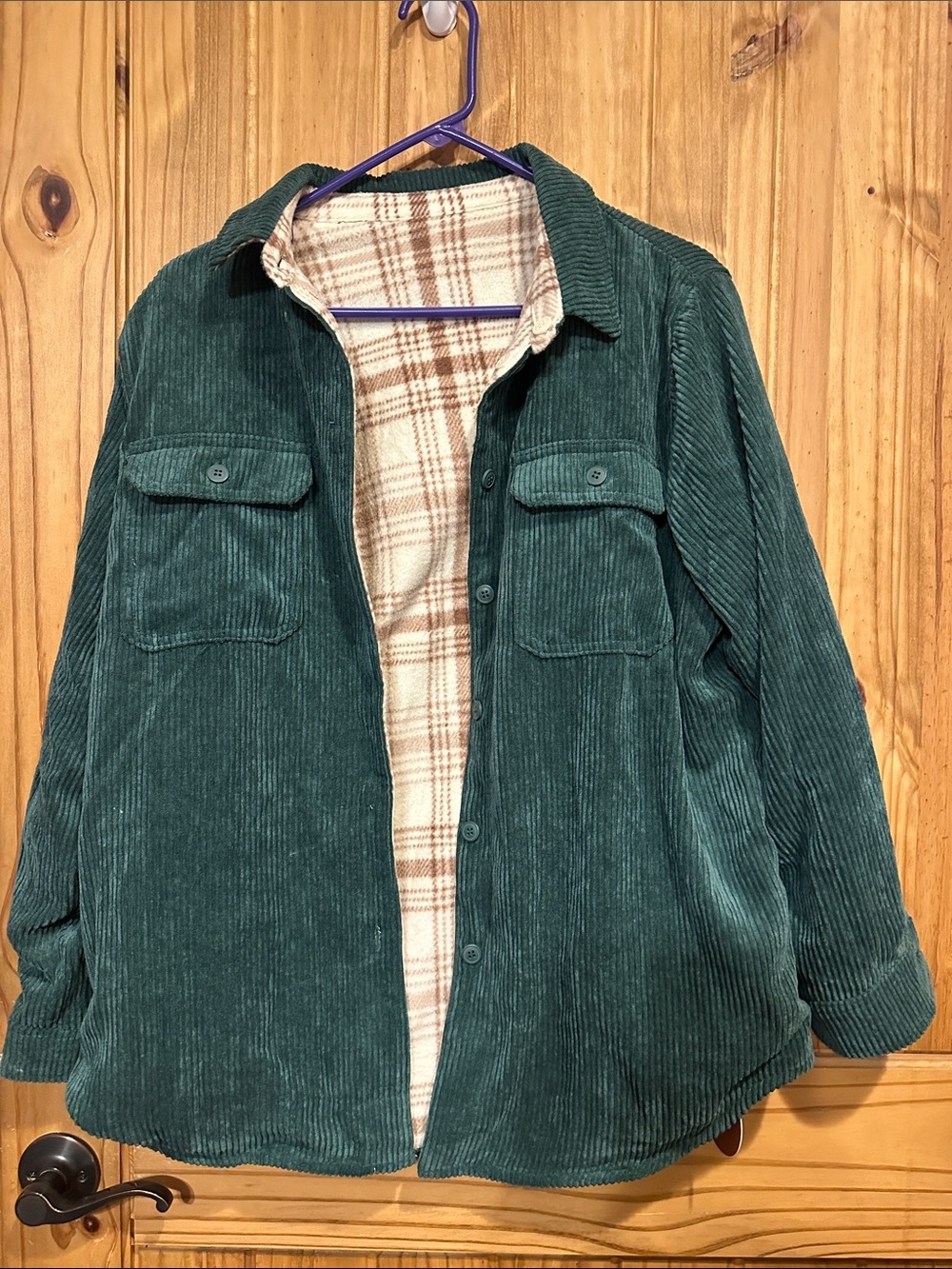 **REVERSABLE** Love Tree Green Corduroy Shirt Jacket with Plaid Lining